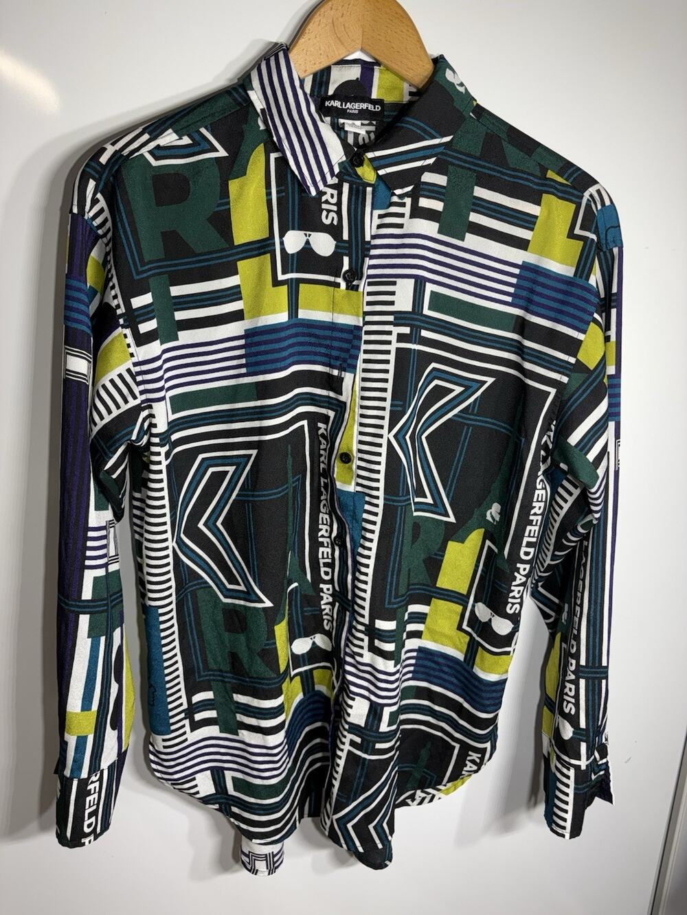 Karl Lagerfeld Paris Blouse Womens Multicolor Logo Geo Wrap Top Size Small